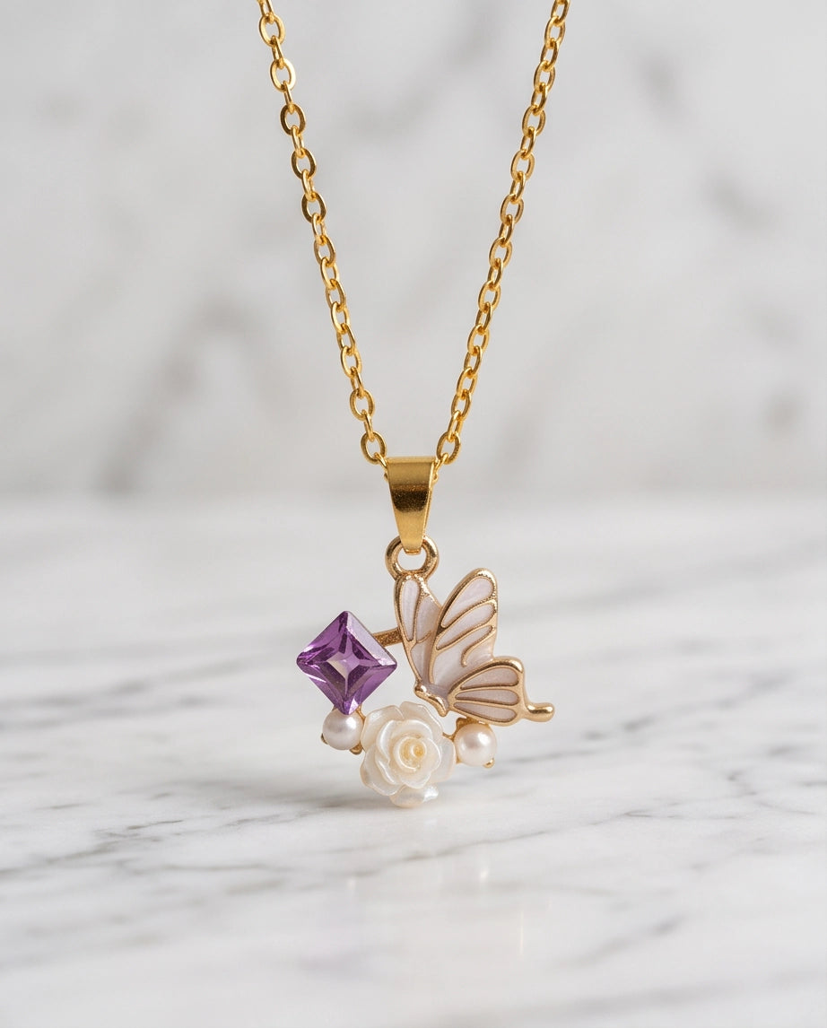 Gold Purple Enamel Butterfly & Pearl Rose Cluster Pendant Necklace