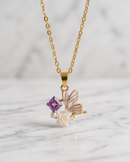 Gold Purple Enamel Butterfly & Pearl Rose Cluster Pendant Necklace