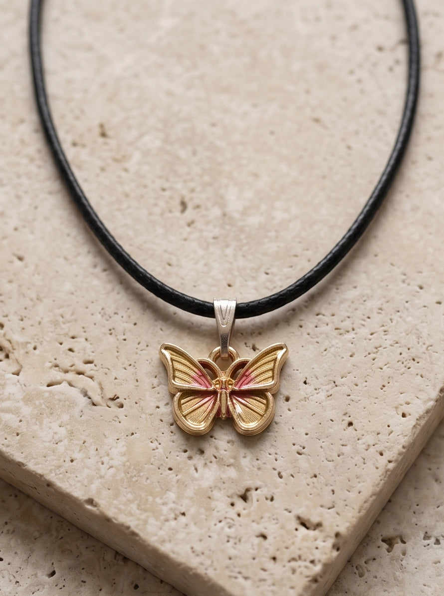 Gold & Pink Butterfly Pendant Necklace
