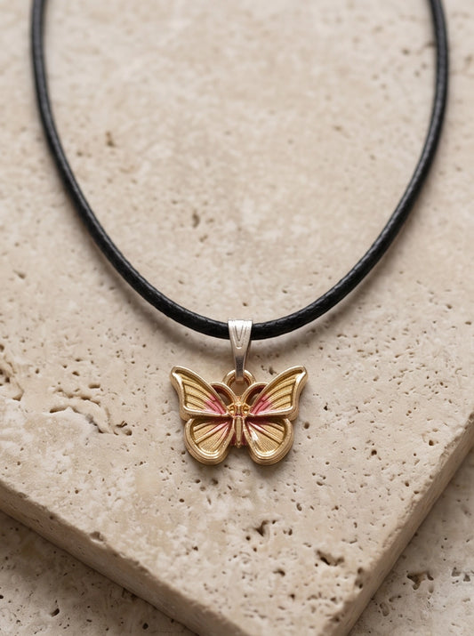 Gold & Pink Butterfly Pendant Necklace