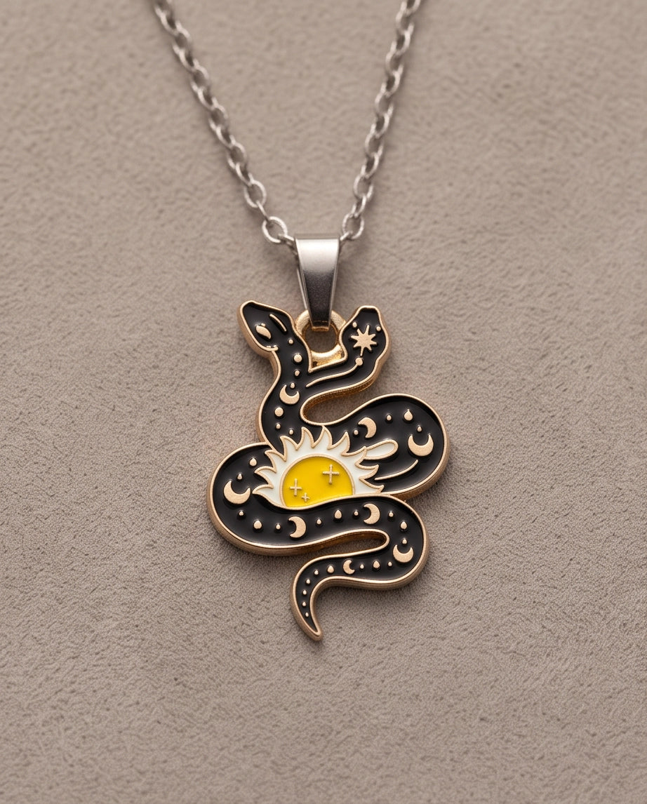 Gold Sunburst Serpent Enamel Pendant Necklace