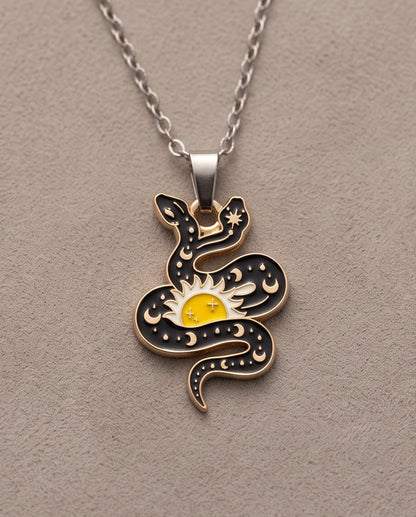 Gold Sunburst Serpent Enamel Pendant Necklace