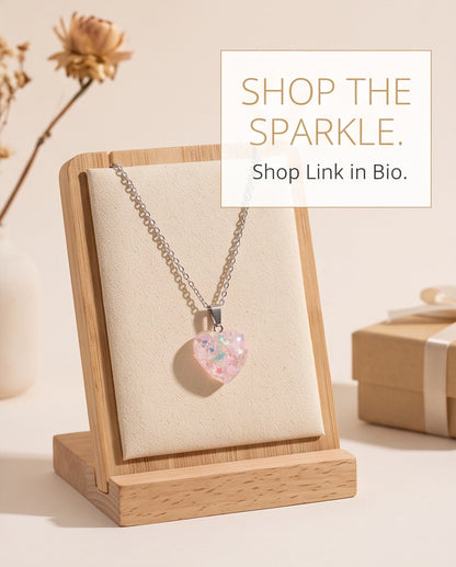 Silver Bubblegum Pink Glitter Heart Resin Pendant Necklace