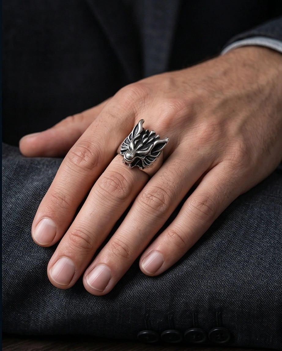 Vintage Oxidized Silver Mythical Wolf Crest Ring