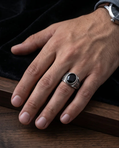 Onyx-Style Faceted Oval Rope-Trim Kanji Character Silver Ring