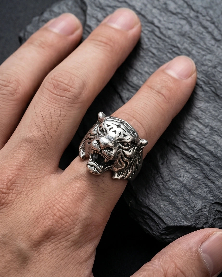 Vintage Silver Oxidized Roaring Tiger Head Statement Ring