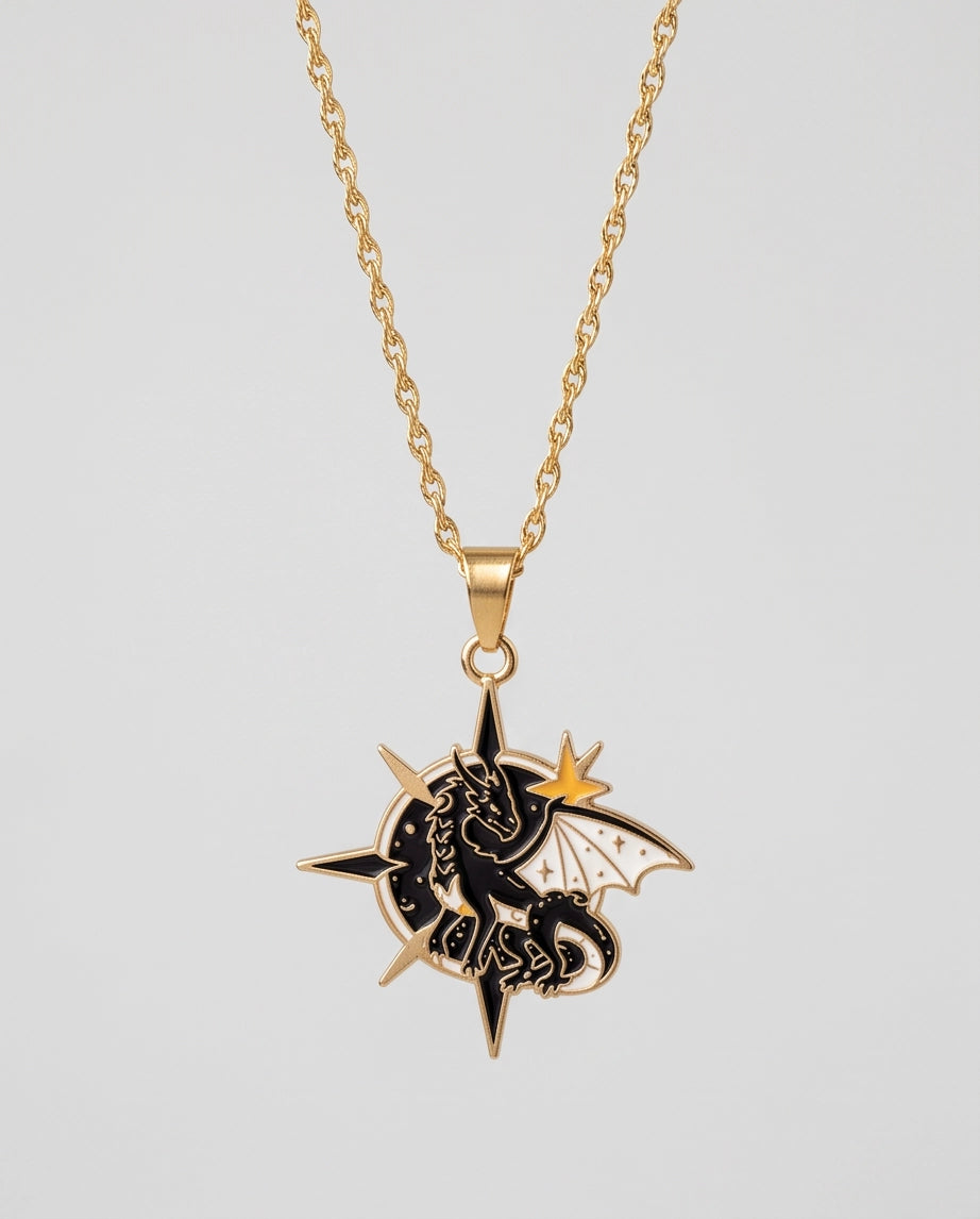 Gold Celestial Compass Dragon Black & White Enamel Pendant Necklace