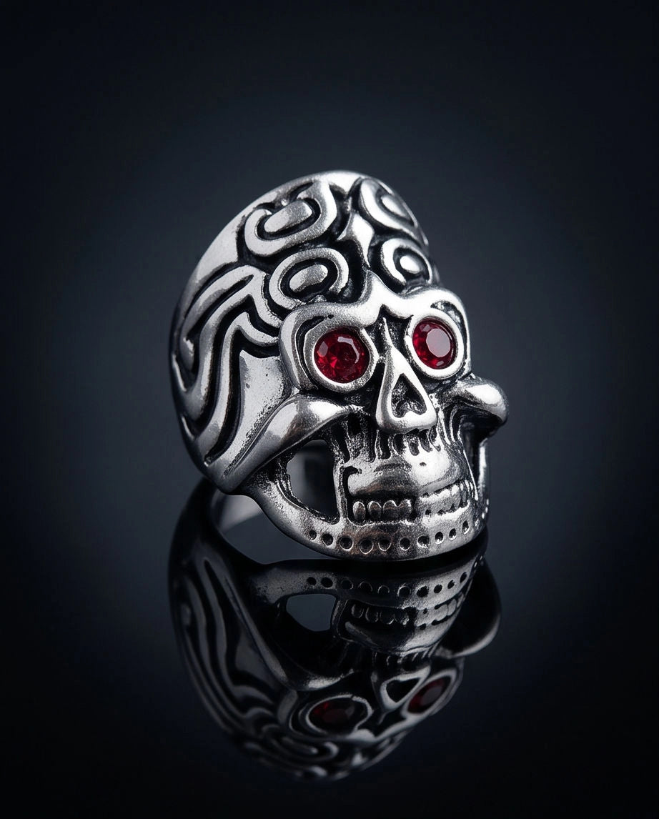 Crimson-Eyed Tribal Ornament Skull Ring