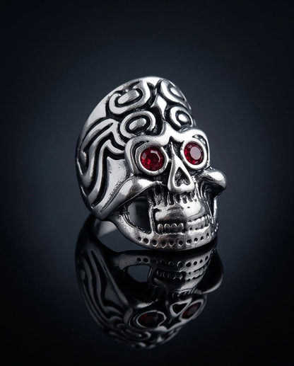 Crimson-Eyed Tribal Ornament Skull Ring