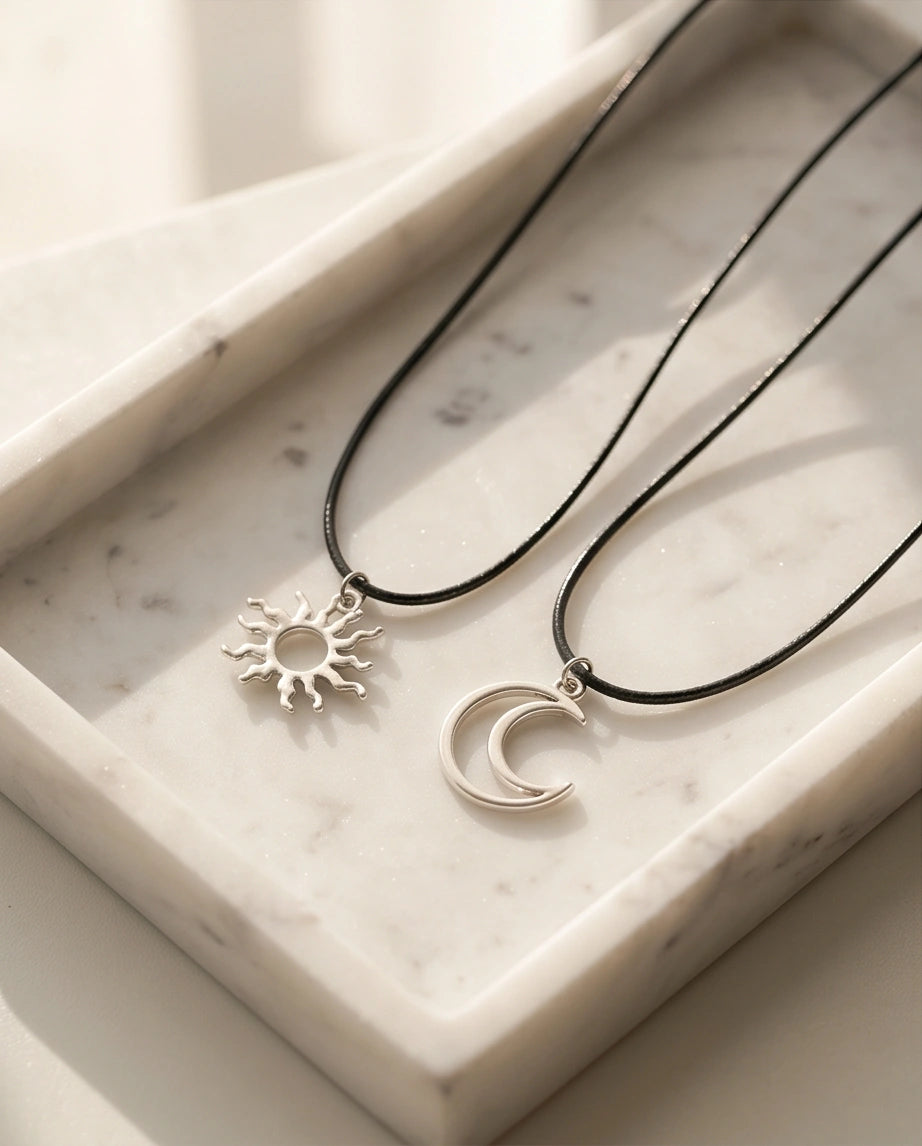 2pcs Celestial Sun and Moon Matching Pendant Necklaces Set