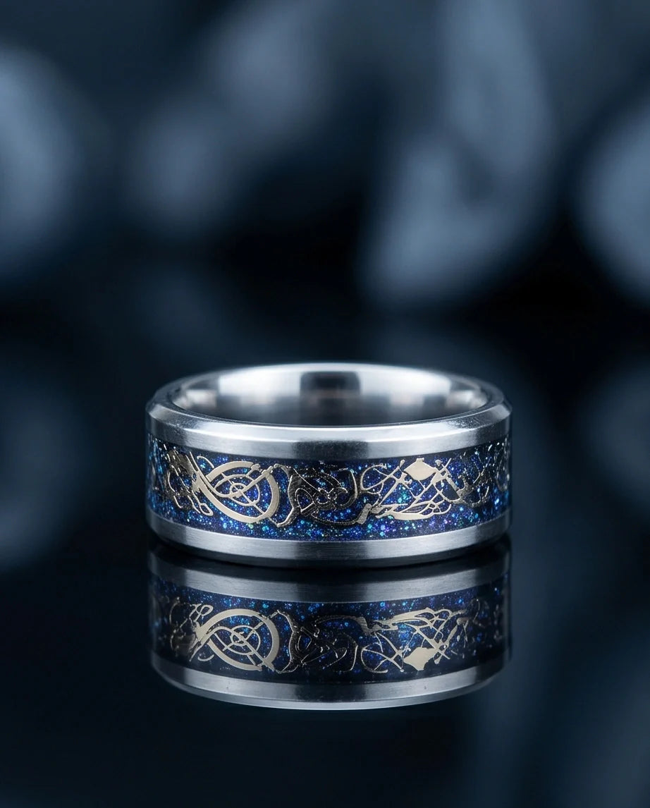 Blue Glitter Celtic Dragon Knot Band Ring