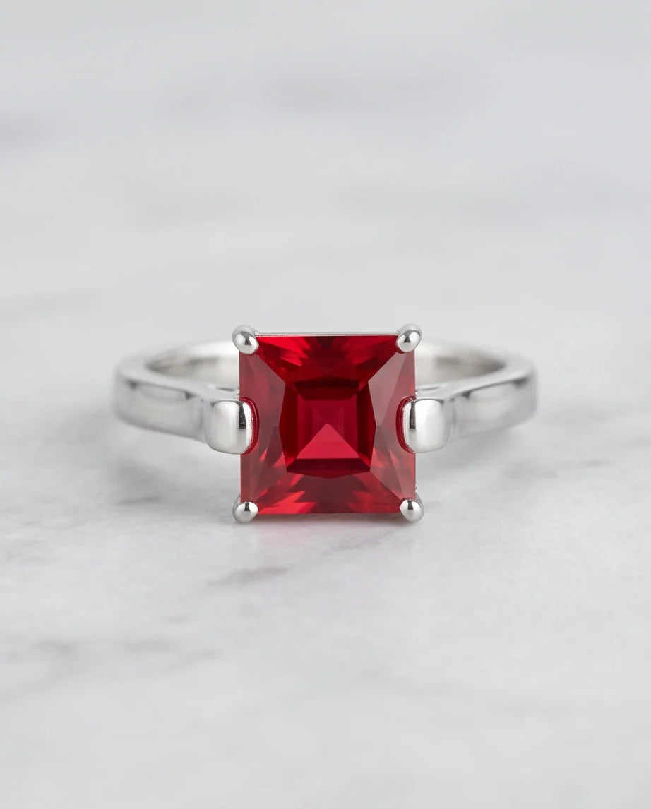 Sterling Silver Princess-Cut Red Ruby Solitaire Ring
