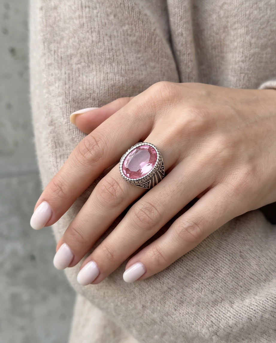 Rose Gemstone Beaded Scale Silver Ring