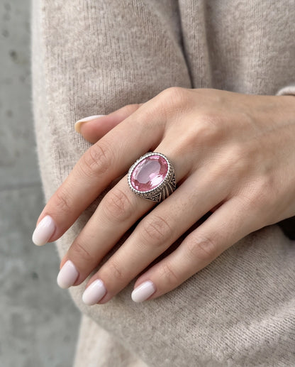Rose Gemstone Beaded Scale Silver Ring