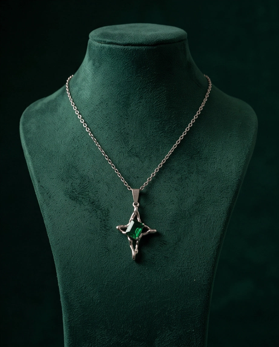 Silver Emerald Gemstone Gothic Cross Pendant Necklace