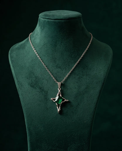 Silver Emerald Gemstone Gothic Cross Pendant Necklace