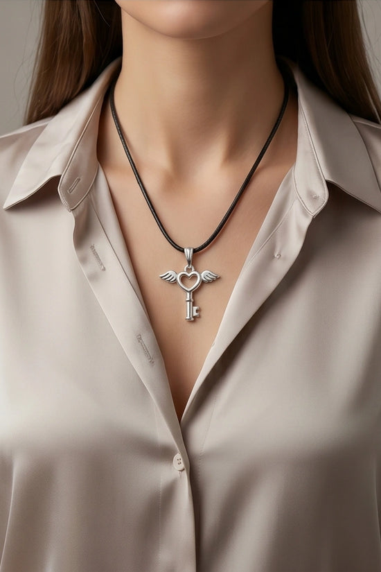 Silver Angel Wing Heart Key Necklace