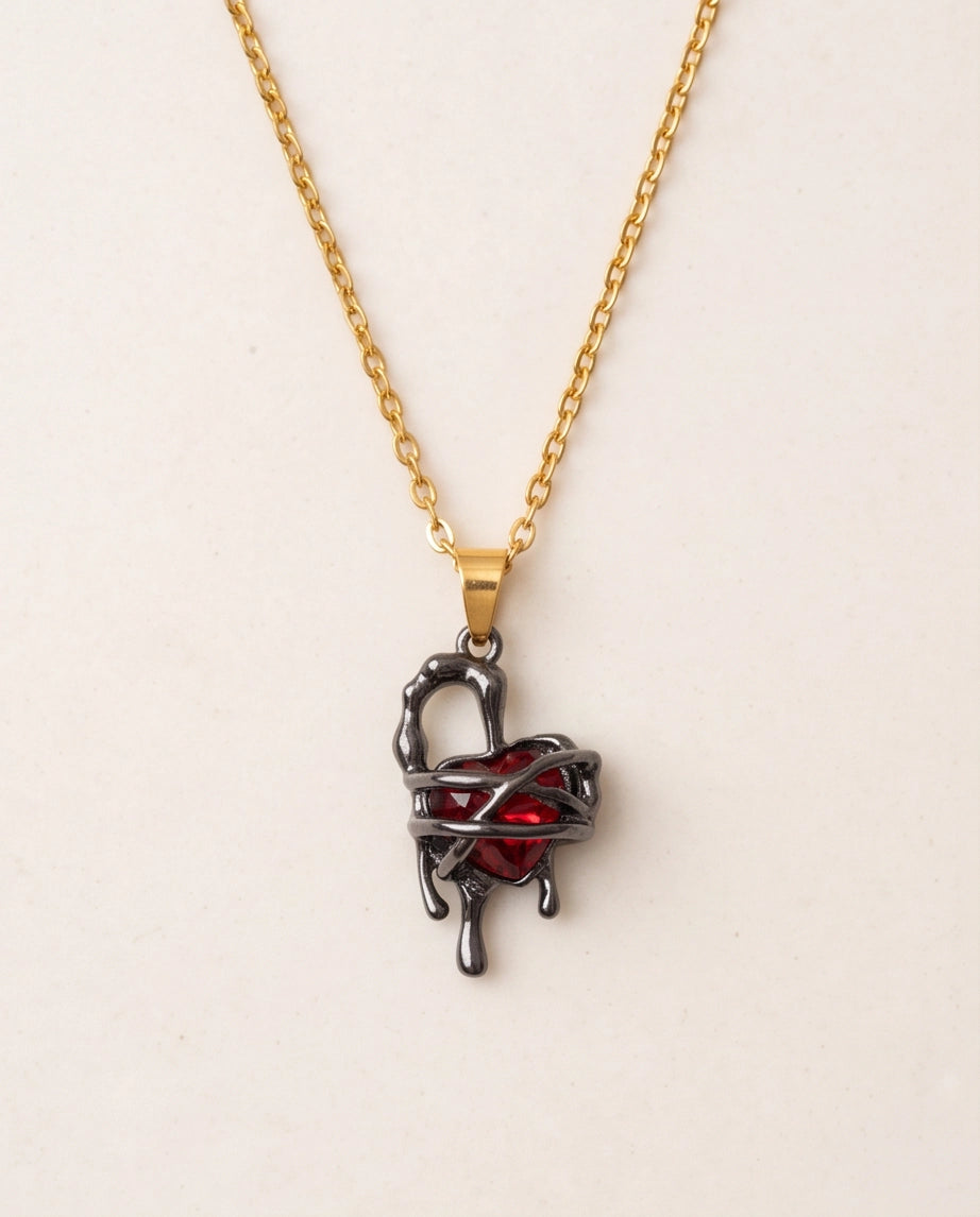 Black Thorny Dripping Heart Red Gem Pendant Necklace