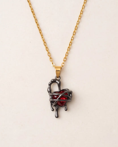 Black Thorny Dripping Heart Red Gem Pendant Necklace