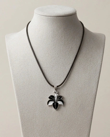 Bold Black and White Lily Enamel Pendant Necklace