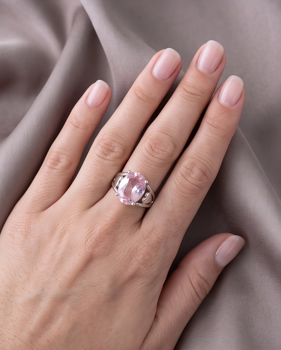 Silver Oval Pink Gemstone Heart Detail Solitaire Ring