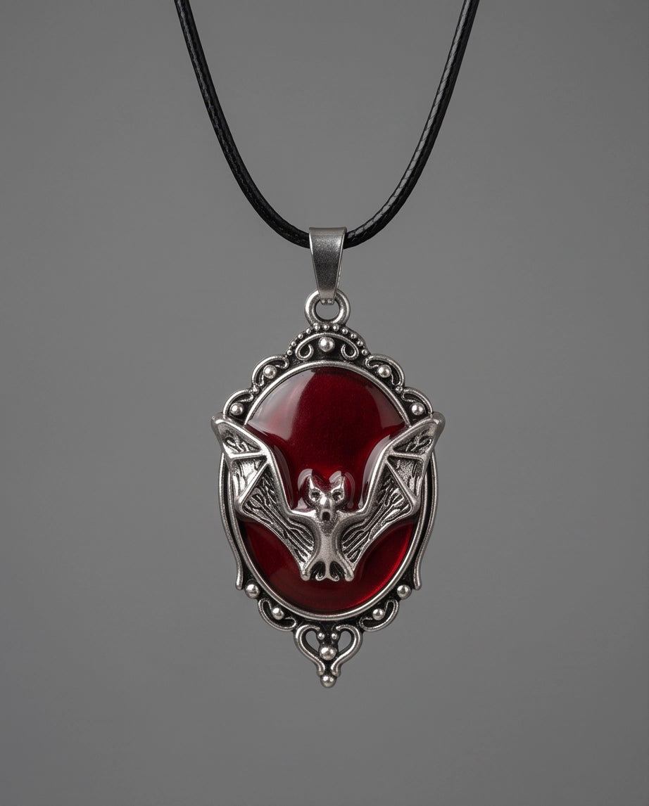 Antique Silver Gothic Bat Red Enamel Medallion Chain Necklace