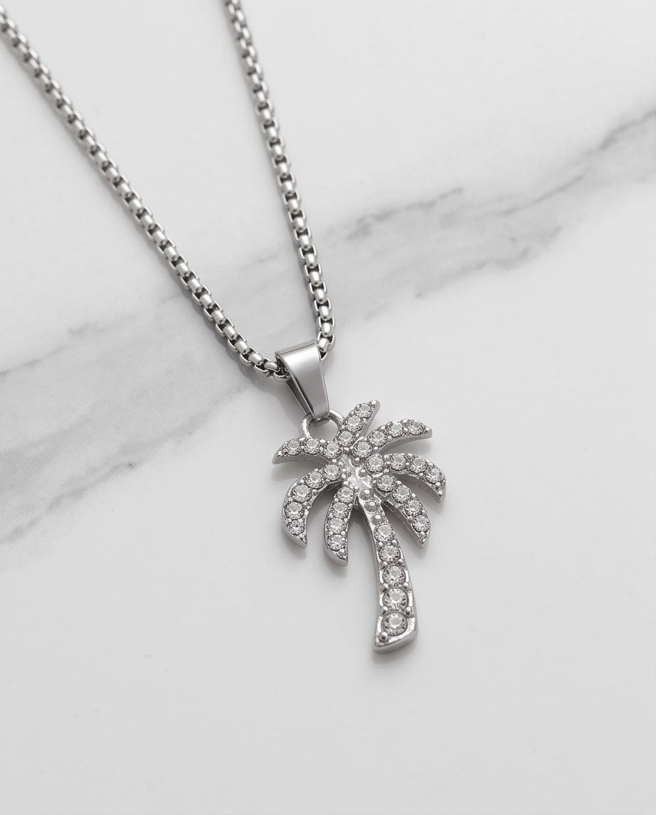 Silver Crystal Pavé Palm Tree Pendant Necklace