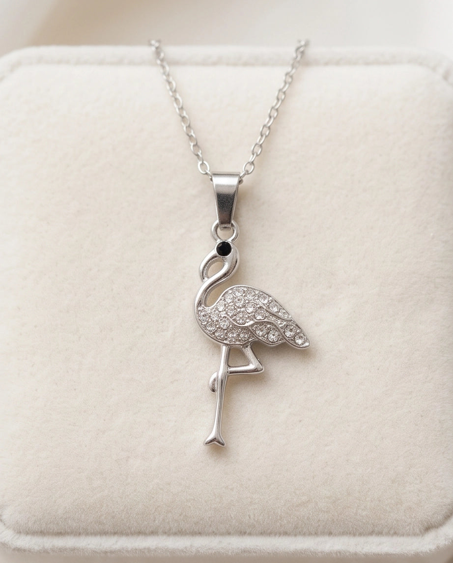 Silver Crystal Paved Flamingo Pendant Necklace