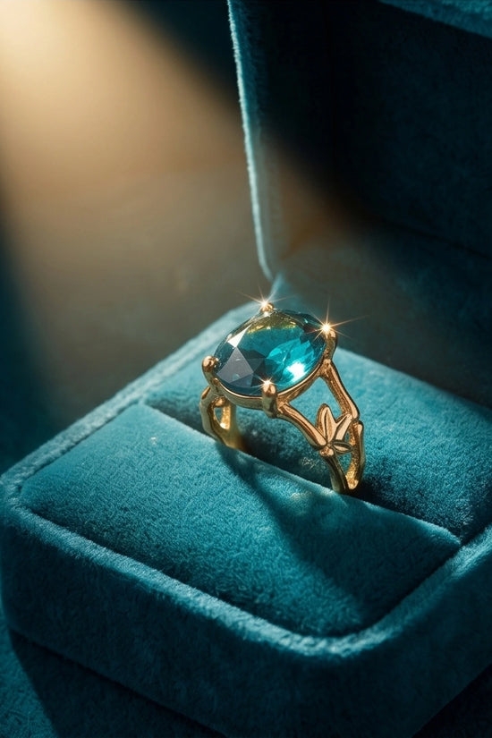 Gold Plated Aqua Blue Topaz Bamboo Leaf Ring