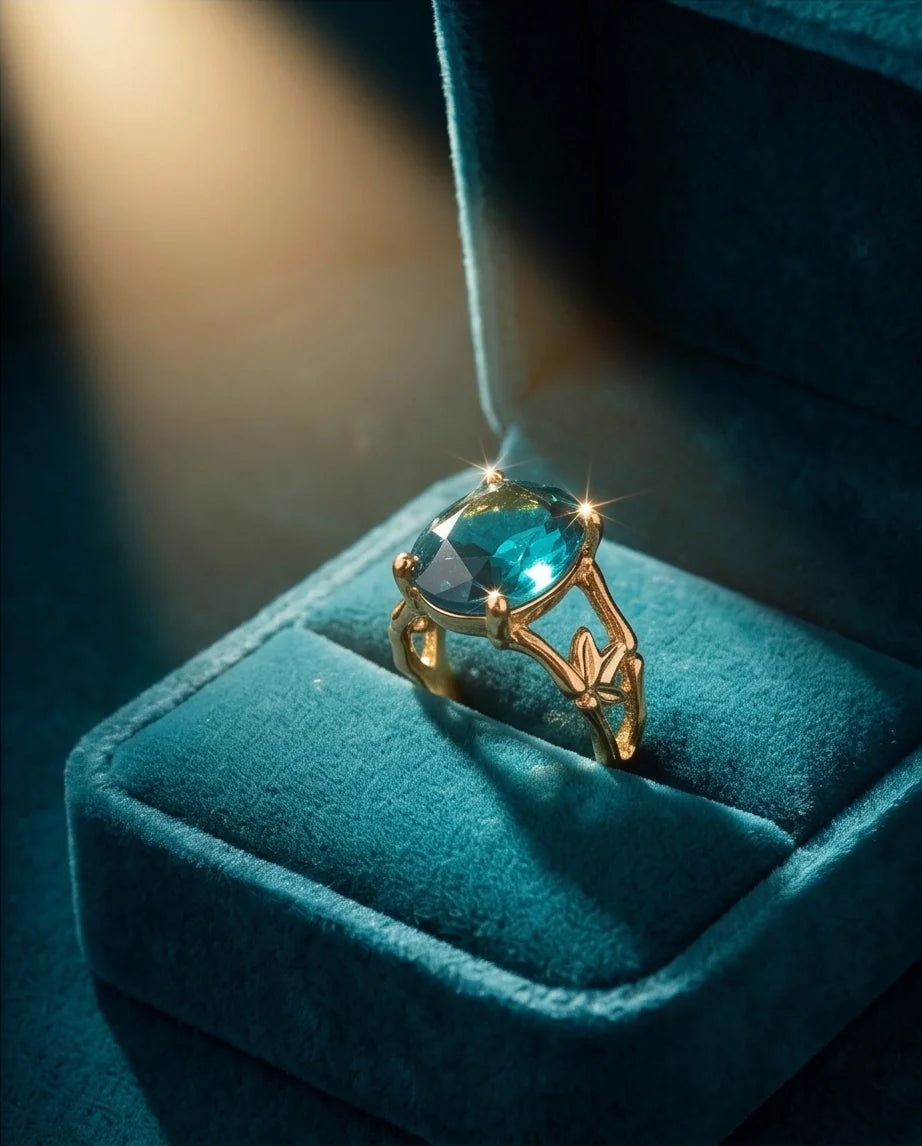 Gold Plated Aqua Blue Topaz Bamboo Leaf Ring