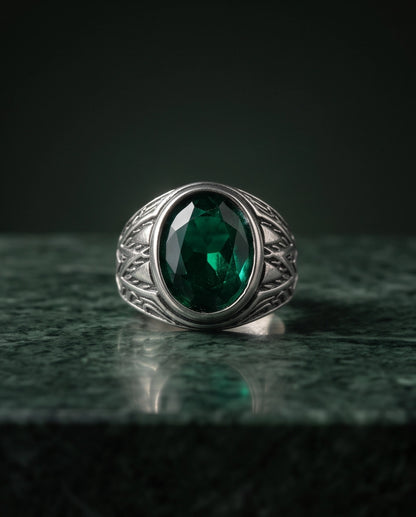 Emerald Gemstone Smooth Bezel Tribal Wing Silver Ring