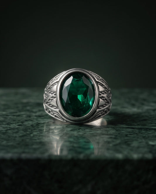 Emerald Gemstone Smooth Bezel Tribal Wing Silver Ring