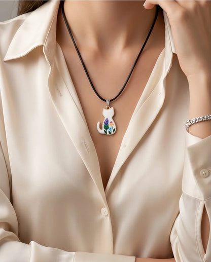 Artistic Floral Botanical Feline Silhouette Pendant Necklace