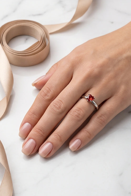 Sterling Silver Heart-Cut Crimson Ruby Solitaire Ring
