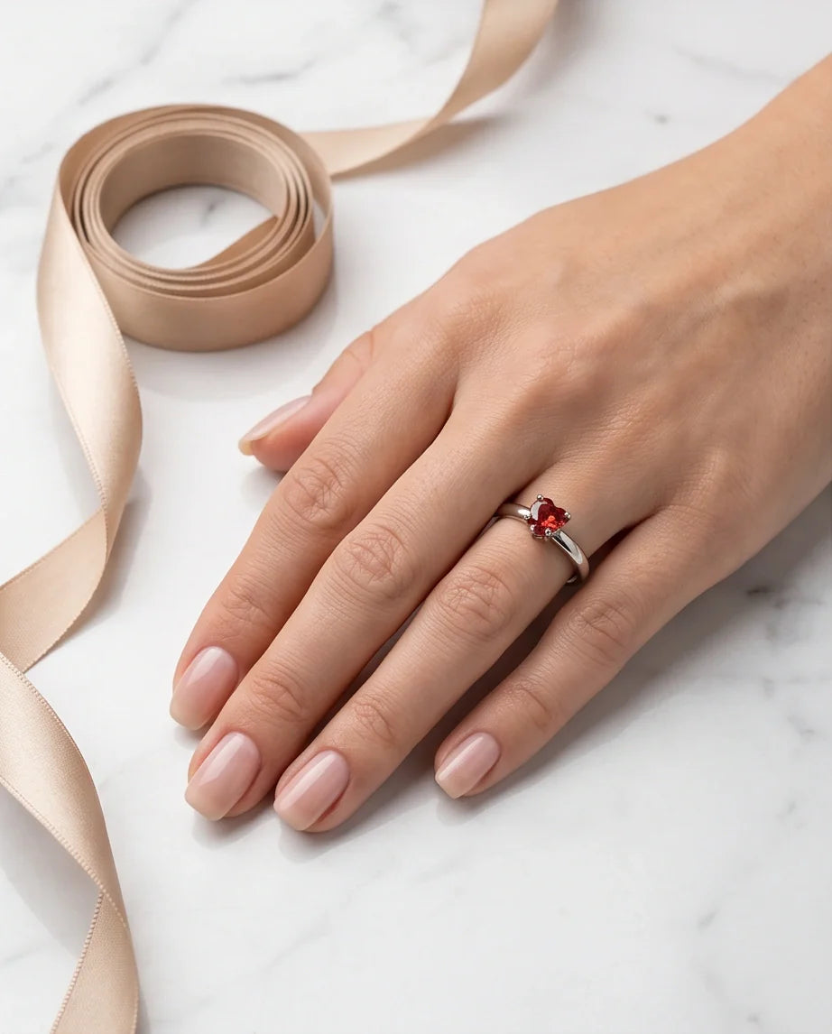 Sterling Silver Heart-Cut Crimson Ruby Solitaire Ring