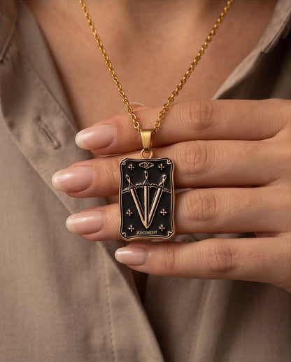 Gold "Judgement" Three Swords Tarot Card Pendant Necklace