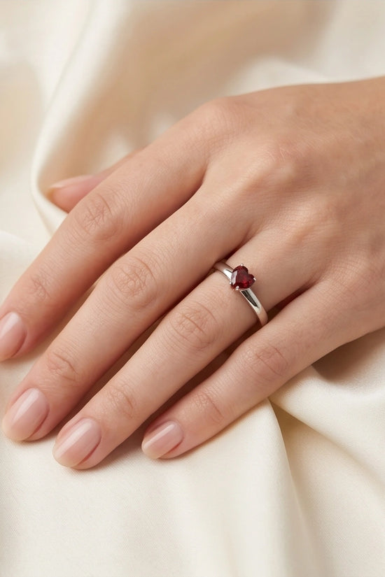 Sterling Silver Heart-Cut Red Garnet Solitaire Ring