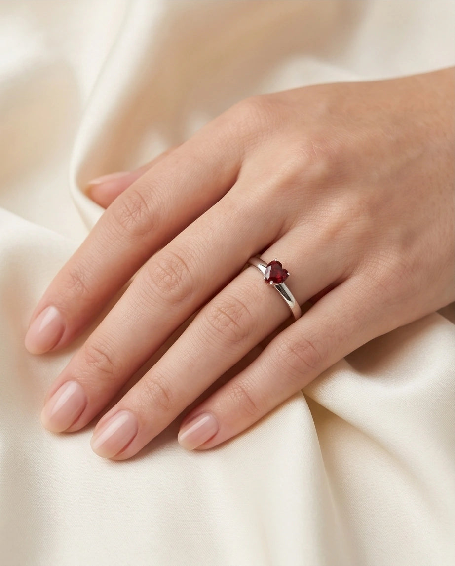 Sterling Silver Heart-Cut Red Garnet Solitaire Ring