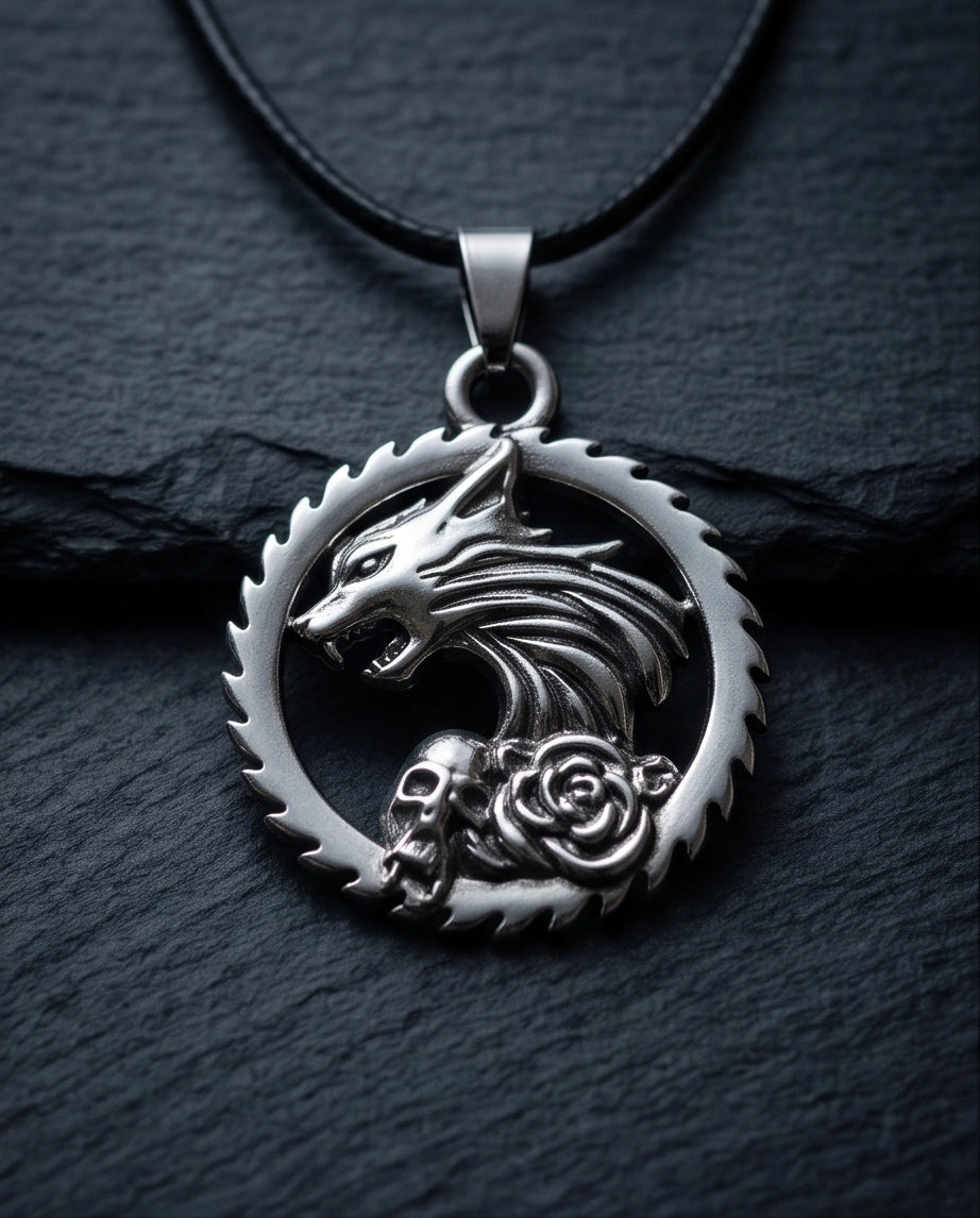 Silver Wolf and Skull Medallion Cord Necklace