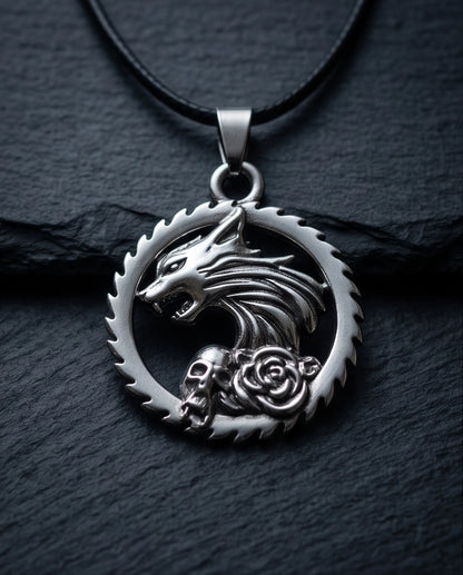Silver Wolf and Skull Medallion Cord Necklace