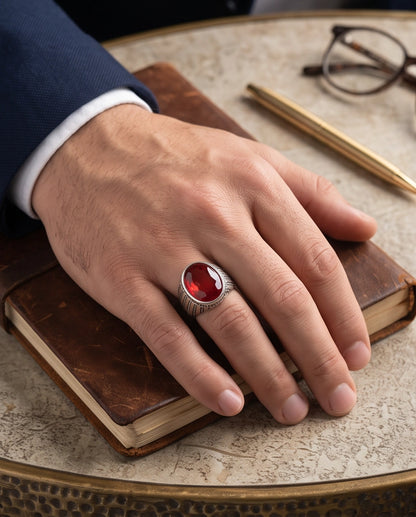 Ruby Gemstone Beaded Surround Vertical Ribbed Silver Ring