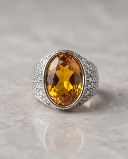 Citrine Gemstone Laurel Bezel Dragon-Scale Silver Ring