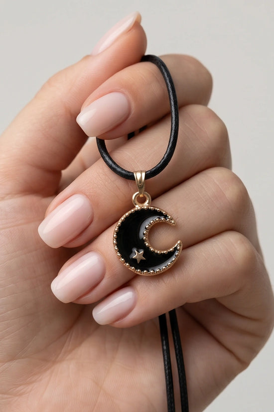 Gold Beaded Crescent Moon and Star Necklace