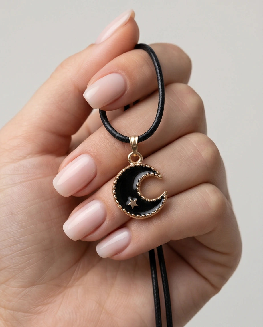 Gold Beaded Crescent Moon and Star Necklace