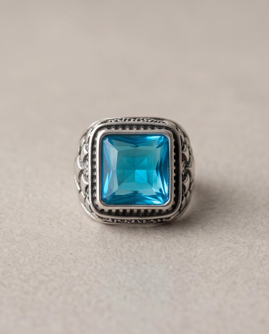 Radiant Cyan Princess-Cut Gemstone Ornate Bezel Silver Ring