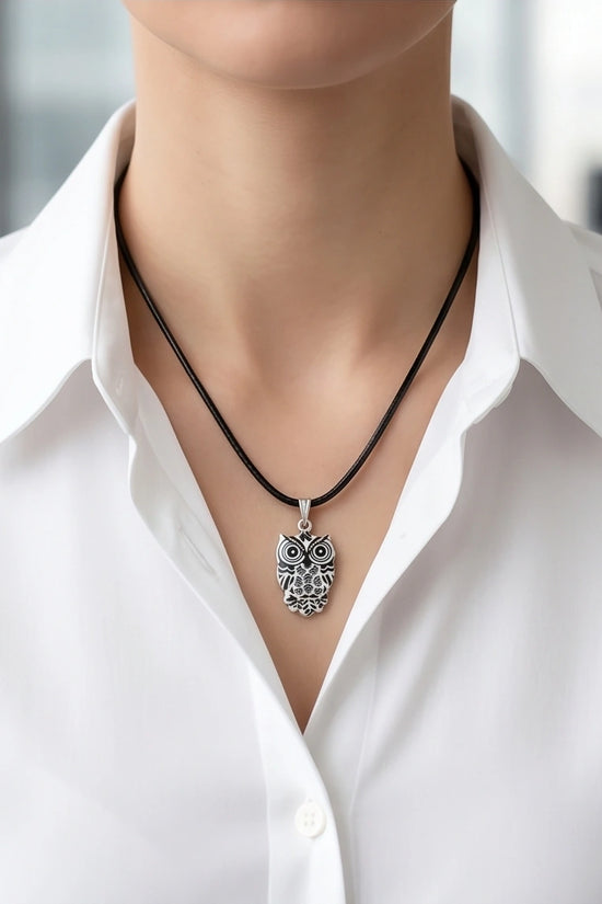 Intricate Monochrome Owl Totem Pendant Necklace