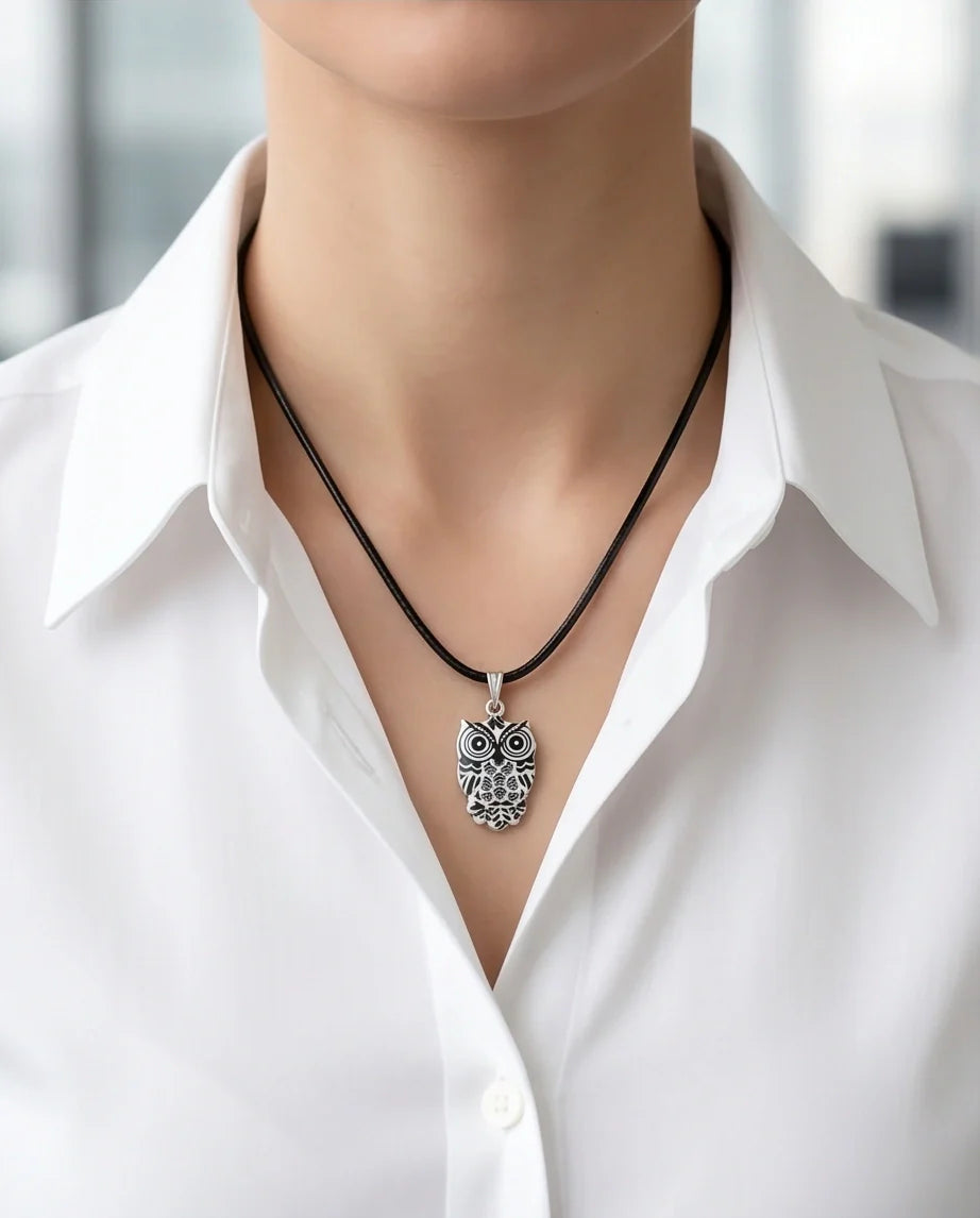 Intricate Monochrome Owl Totem Pendant Necklace