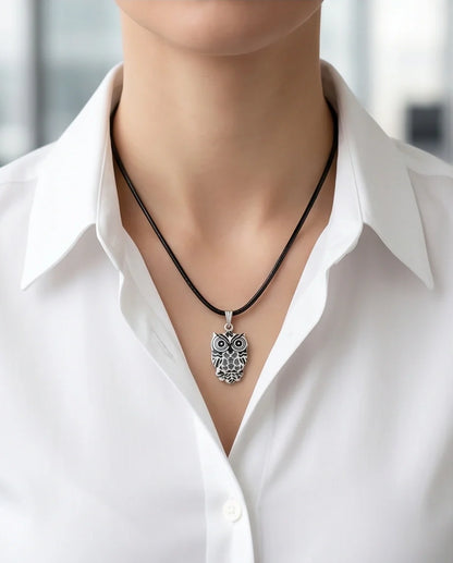 Intricate Monochrome Owl Totem Pendant Necklace