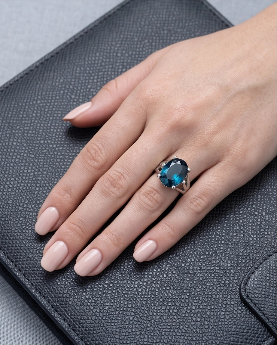 Silver Oval Sapphire Gemstone Solitaire Ring