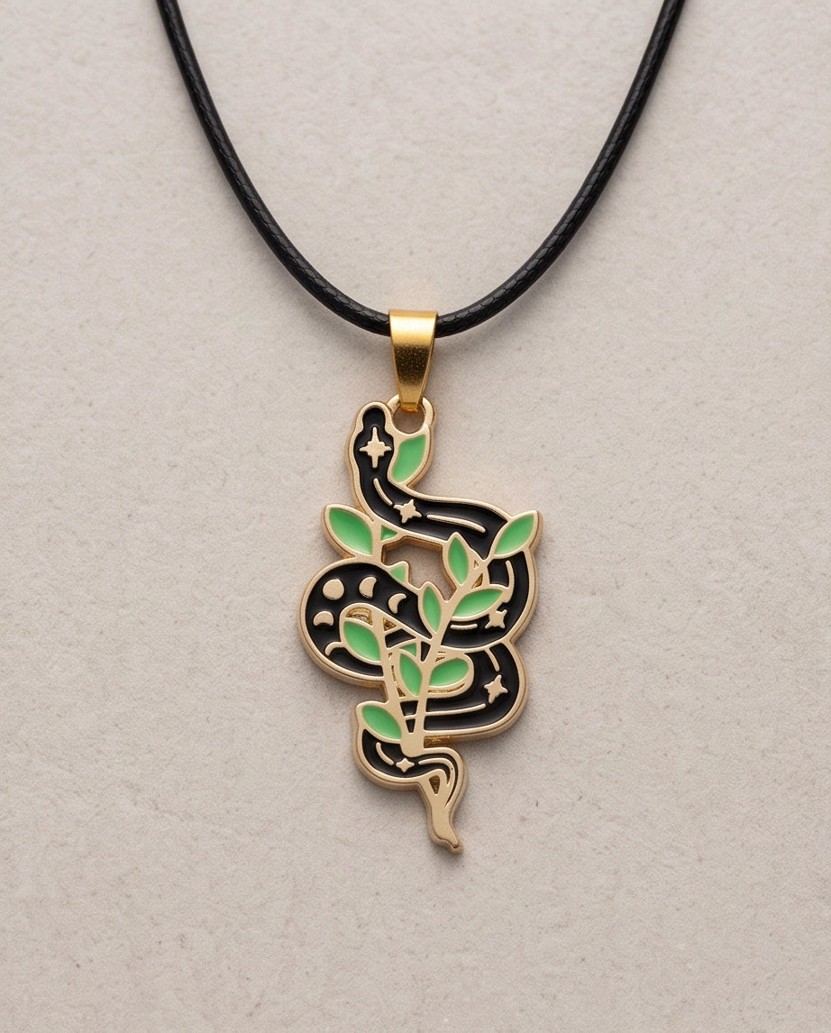 Gold Botanical Snake Enamel Pendant Necklace